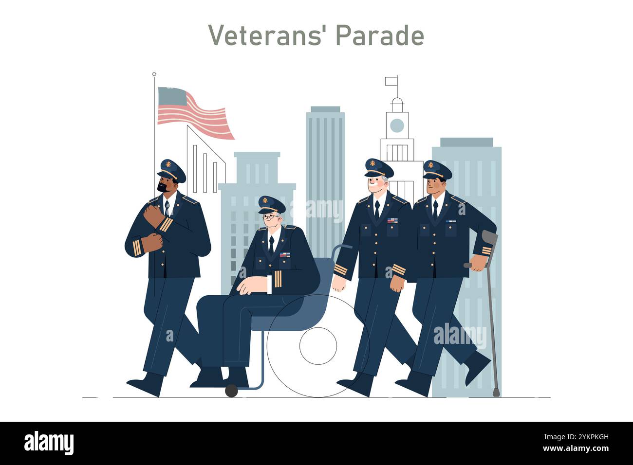 Illustrazione della parata dei veterani. Il personale militare onora i membri del servizio con una marcia dignitosa nel contesto urbano. Cerimonia patriottica, rispetto, temi di unità. Illustrazione vettoriale. Illustrazione Vettoriale