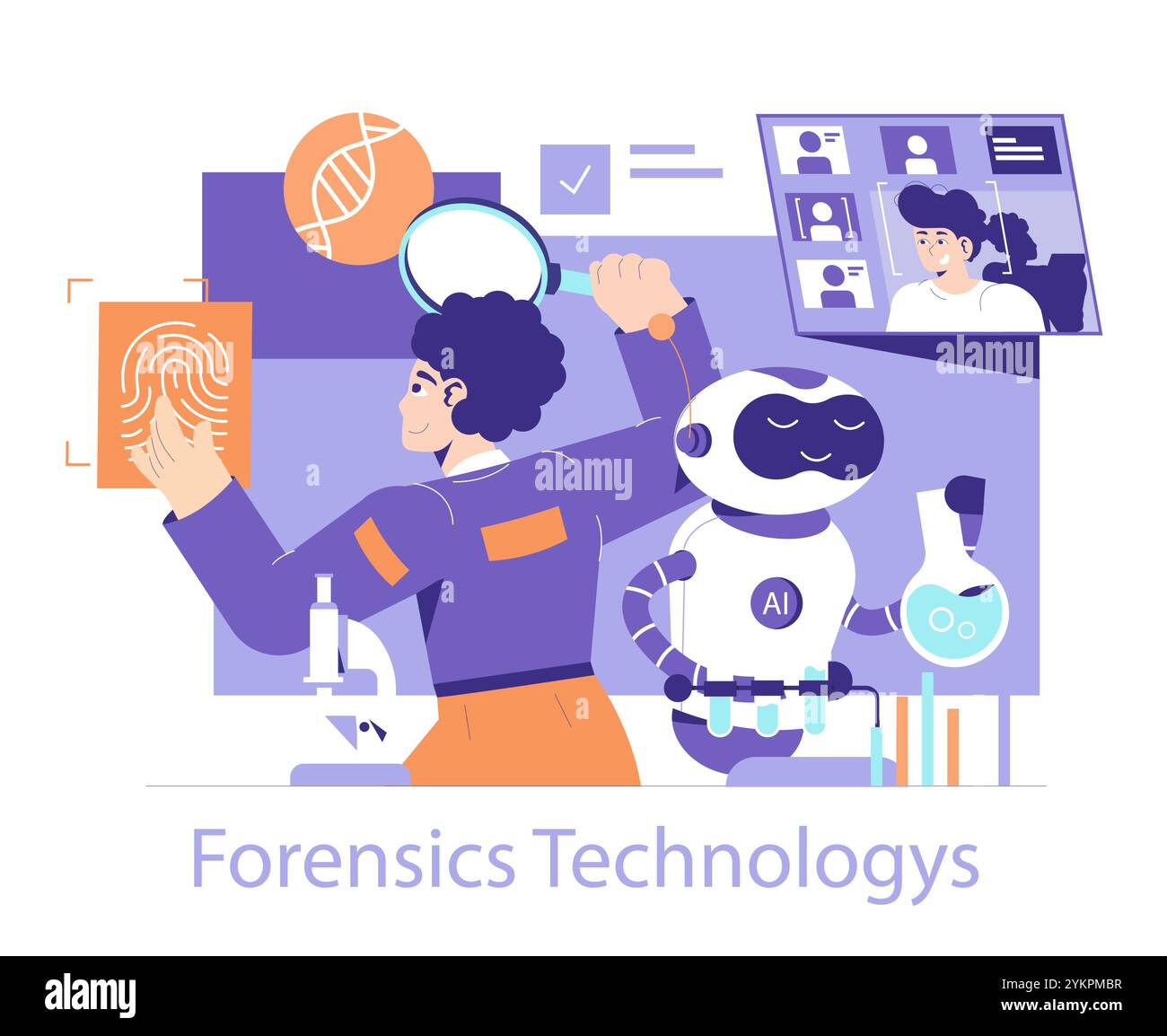 Concetto di tecnologie forensi. Illustrazione di un investigatore sulla scena del crimine con gadget moderni e assistenza ai. Analisi del DNA e profilazione digitale in azione. Illustrazione vettoriale. Illustrazione Vettoriale Concetto di tecnologie forensi. Illustrazione di un investigatore sulla scena del crimine con gadget moderni e assistenza ai. Analisi del DNA e profilazione digitale in azione. Illustrazione vettoriale. Illustrazione Vettoriale