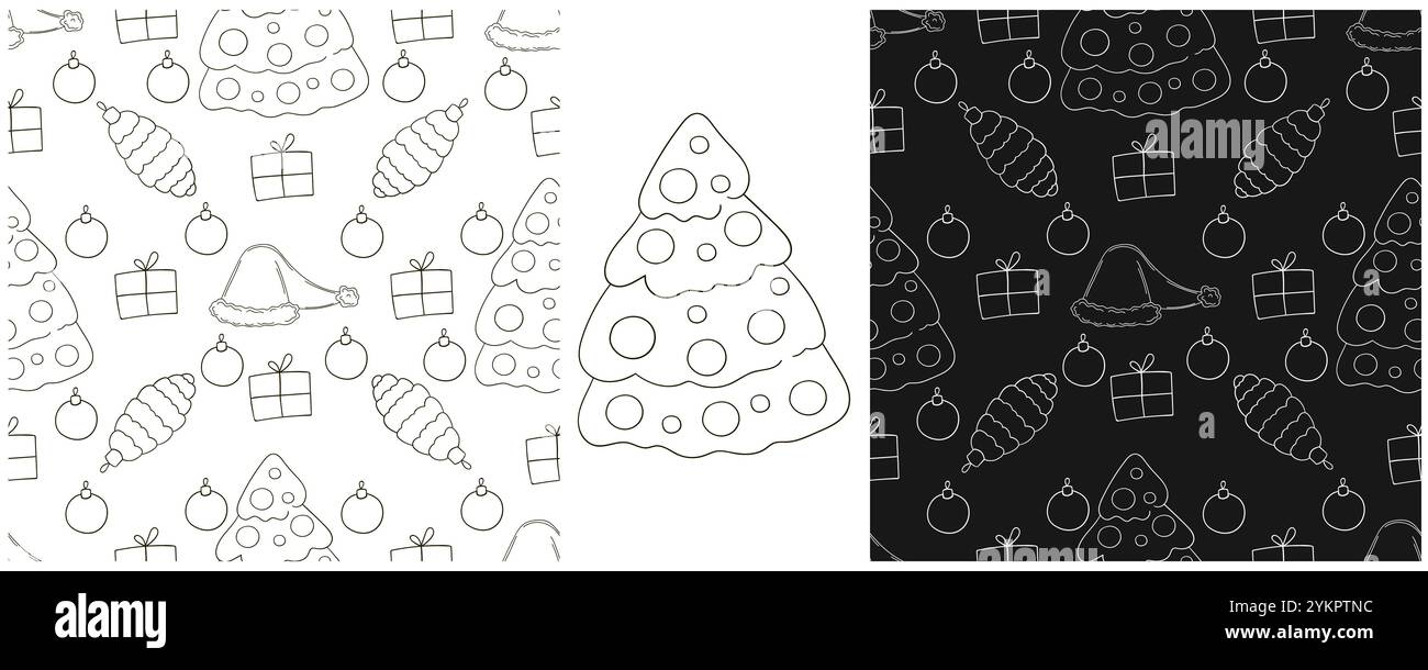 Vacanze di Natale. Alberi di Natale, cappelli, regali. Impostare i motivi monocromatici in stile disegno a mano. Può essere utilizzato per tessuti e così via Illustrazione Vettoriale