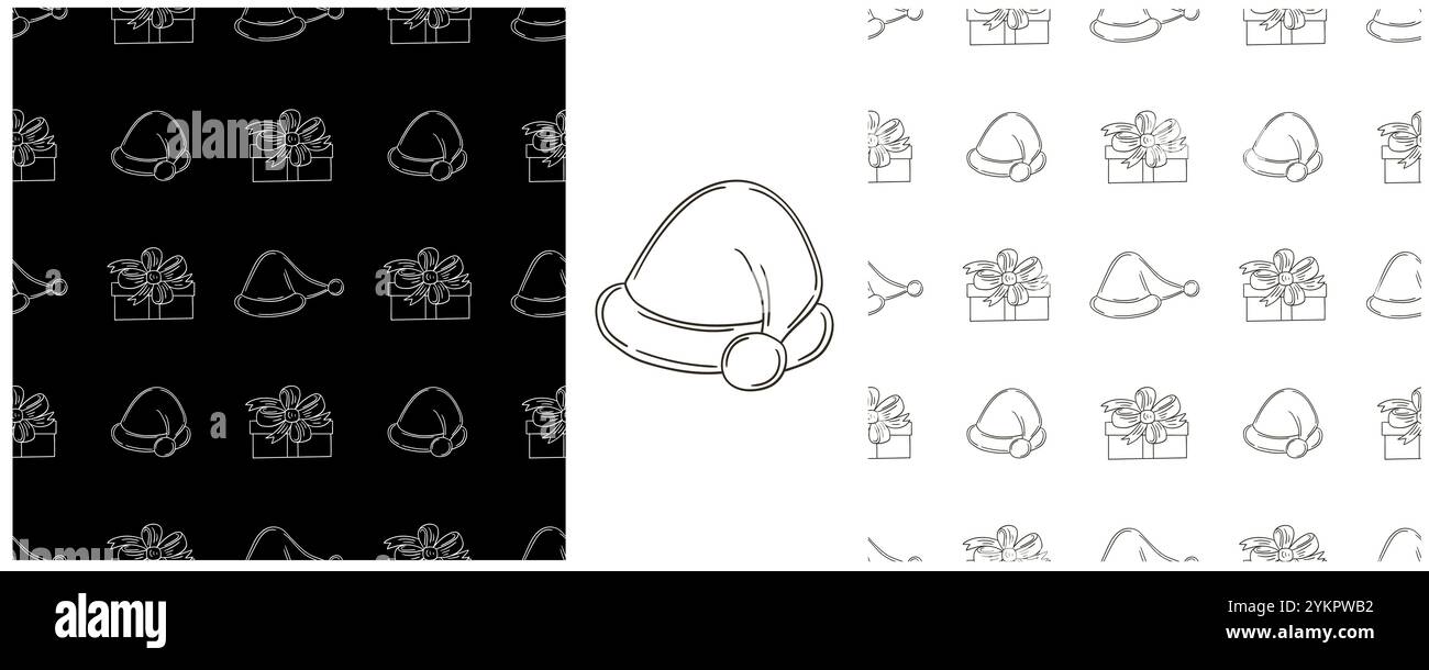 Natale. Cappelli, regali per l'anno nuovo. Impostare i motivi monocromatici in stile disegno a mano. Può essere utilizzato per tessuti e così via Illustrazione Vettoriale