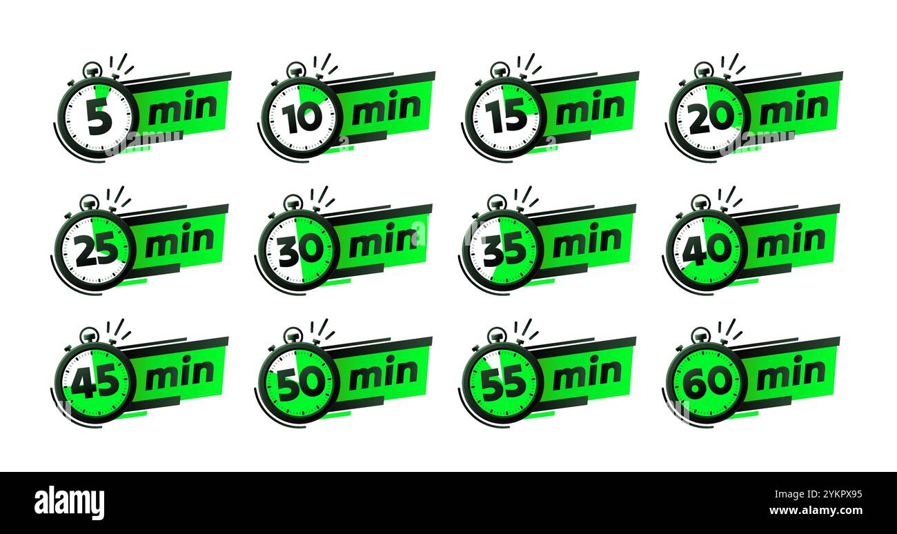 Set di timer, 5, 10, 15, 20 minuti sulla mano del timer. Vettore Illustrazione Vettoriale