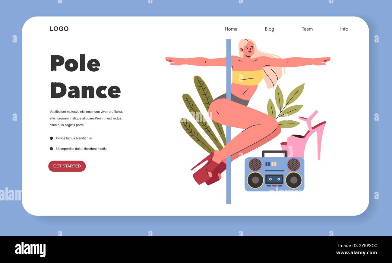 Concetto di pole dance. Illustrazione di una persona che esegue graziosamente una pole dance circondata da fogliame e un boombox. Fitness artistico e movimento espressivo. Illustrazione vettoriale. Illustrazione Vettoriale
