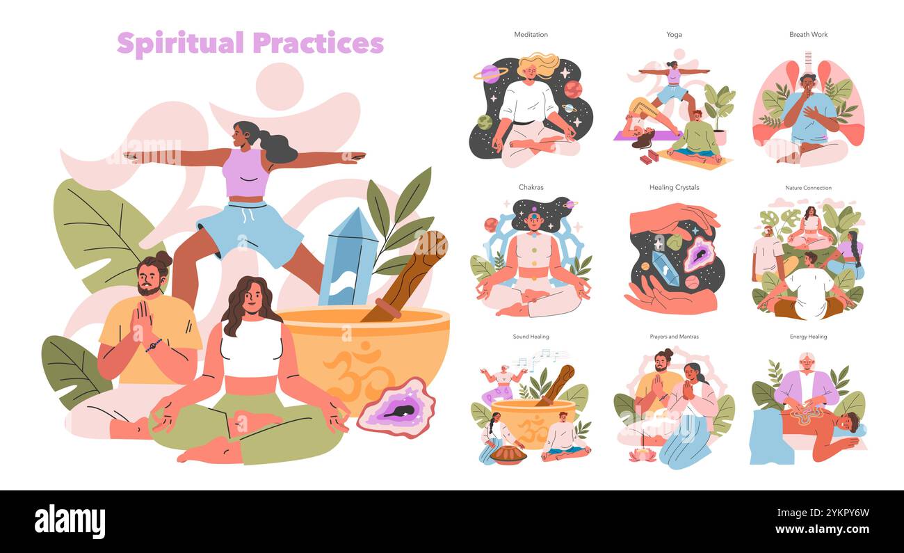 Pratiche spirituali stabilite. Persone diverse si impegnano in meditazione, yoga, chakra e si connettono con la natura per il benessere. Illustrazione vettoriale. Illustrazione Vettoriale