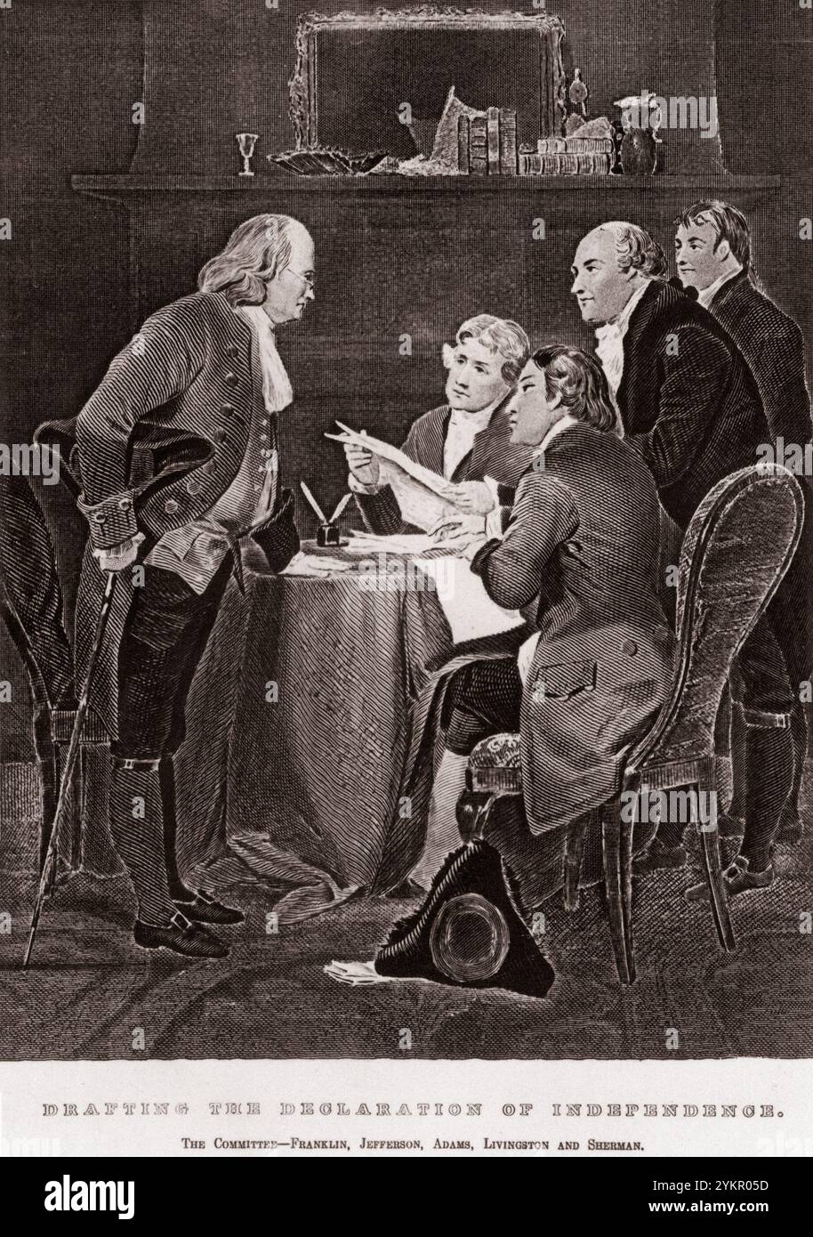 Redazione della dichiarazione di indipendenza. Il Comitato - Franklin, Jefferson, Adams, Livingston e Sherman. Copia dell'incisione dopo Alonzo Chappel. STATI UNITI. 1776 Foto Stock