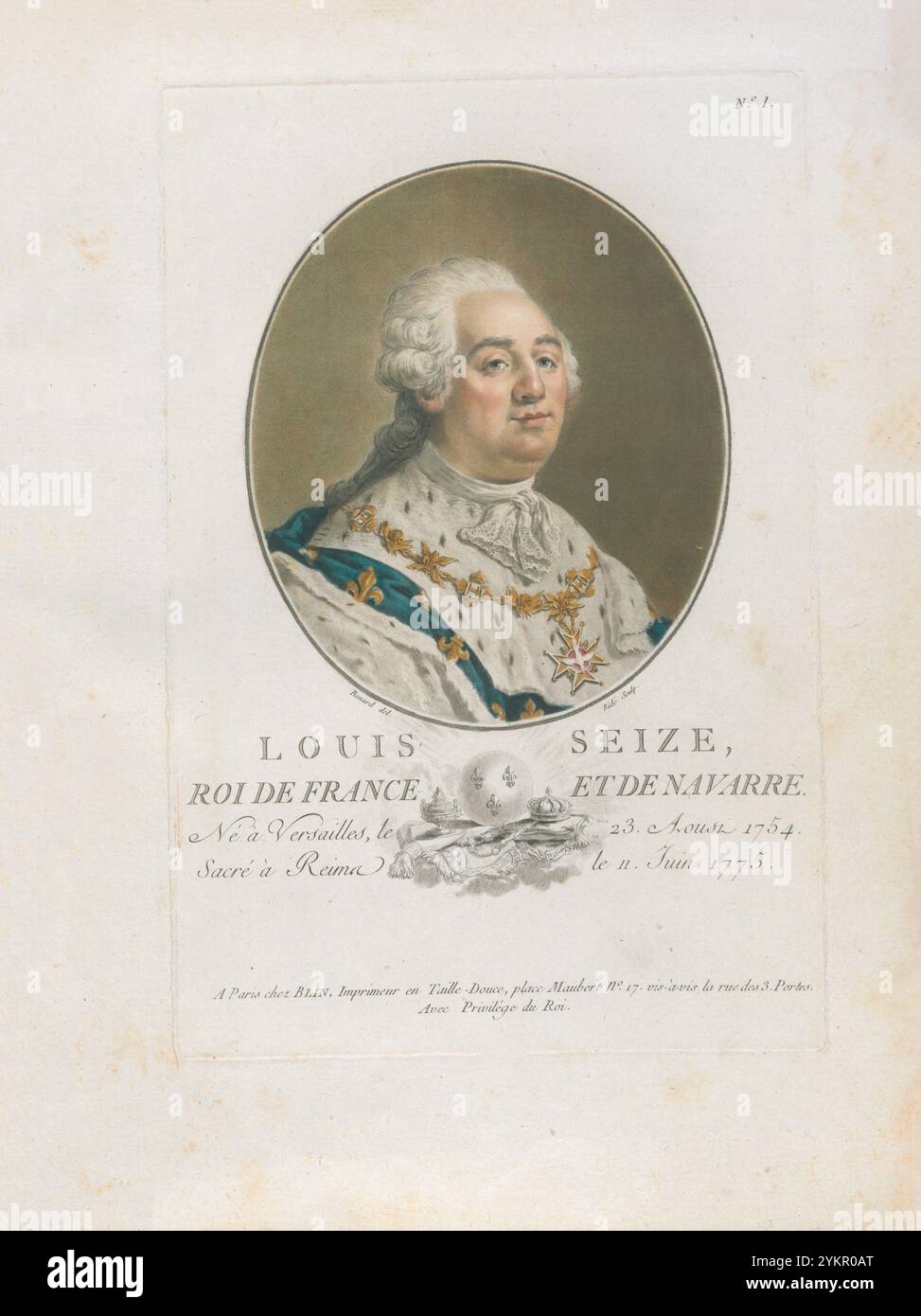 Luigi XVI, re di Francia e Navarra. Incisione del 1792 Luigi XVI (Luigi Augusto; 1754–1793) fu l'ultimo re di Francia prima della caduta della monarchia durante la Rivoluzione francese. Foto Stock