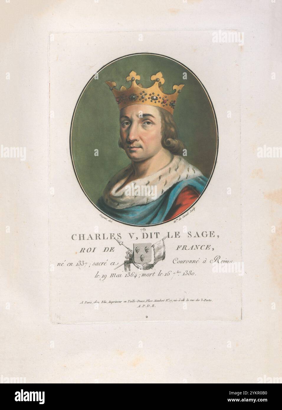 Carlo V di Francia. Incisione del 1792 Carlo V (1338–1380), chiamato il saggio, fu re di Francia dal 1364 alla sua morte nel 1380. Il suo regno segnò un primo punto alto per la Francia durante la guerra dei cent'anni, quando i suoi eserciti recuperarono gran parte del territorio detenuto dagli inglesi e invertirono con successo le perdite militari dei suoi predecessori. Foto Stock