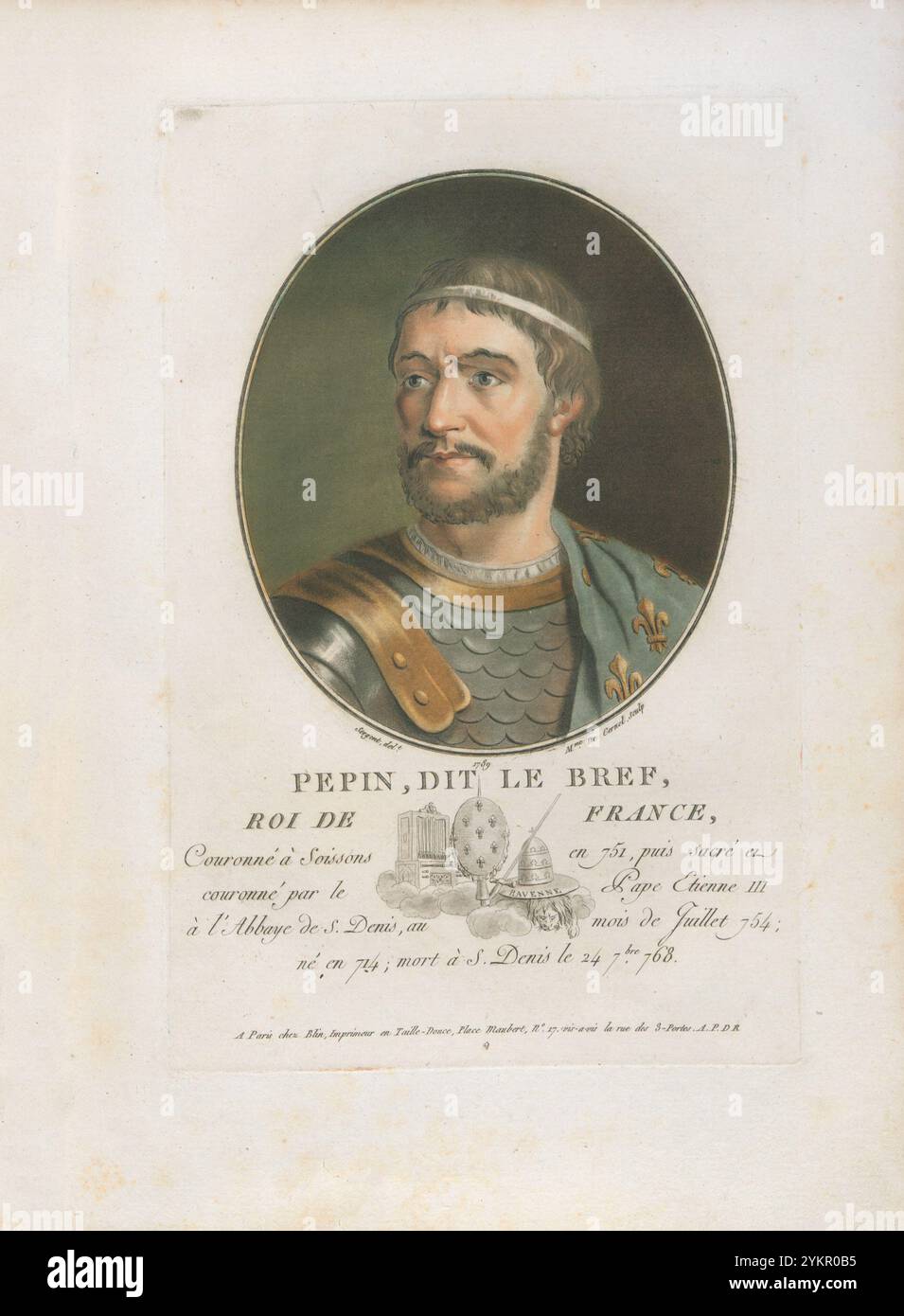 Pepino il corto Pepino il corto o Pipino (714-768), spesso noto come Pepino il giovane o Pipino III, fu sindaco del palazzo dell'Austrasia e re dei Franchi, dal 751 al 768, ed è meglio conosciuto per essere il padre di Carlo Magno, o "Carlo il grande". Foto Stock