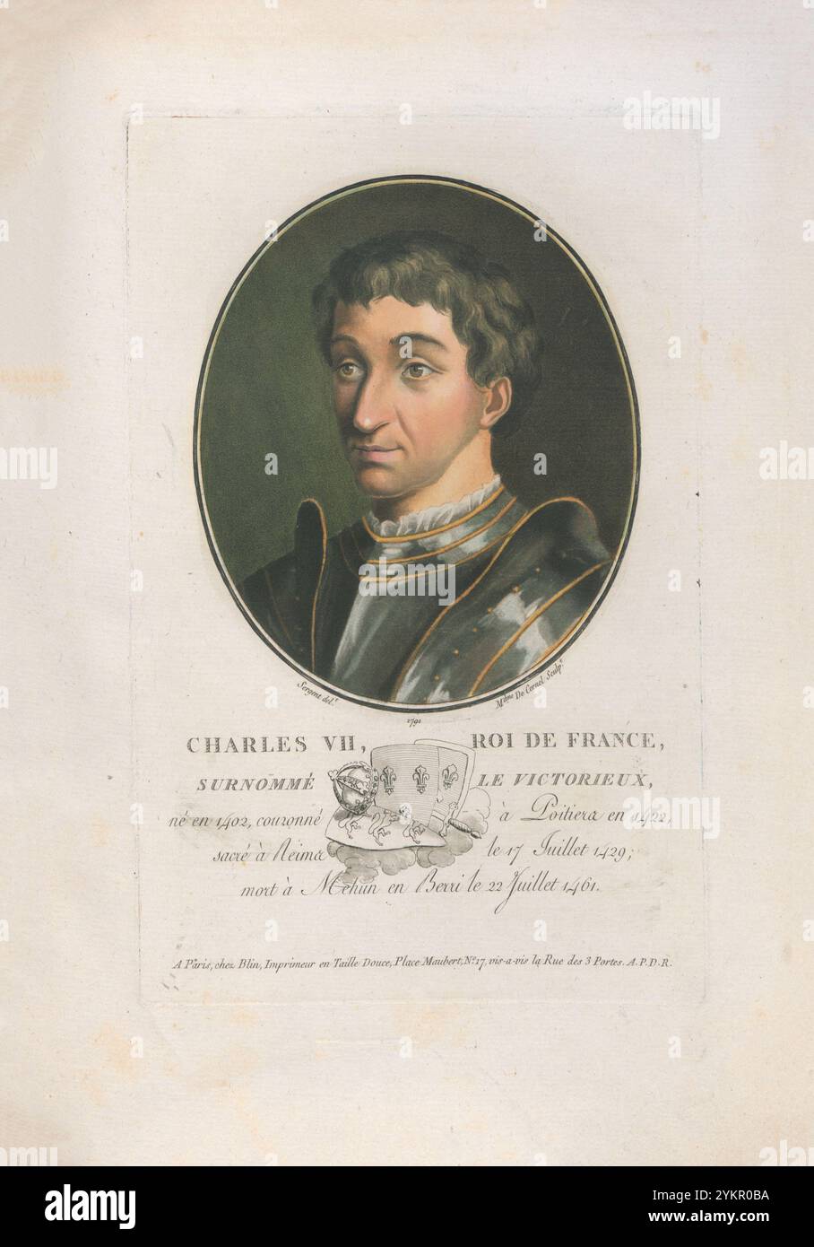 Carlo VII di Francia. Incisione del 1792 Carlo VII (1403–1461), chiamato il Vittorioso o il ben servito, fu re di Francia dal 1422 alla sua morte nel 1461. Il suo regno vide la fine della guerra dei cent'anni e la fine de facto delle rivendicazioni inglesi al trono francese. Foto Stock