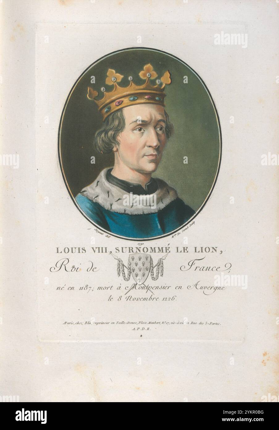 Luigi VIII di Francia. 1792 Luigi VIII (1187–1226), soprannominato il Leone, fu re di Francia dal 1223 al 1226. Come principe, invase l'Inghilterra il 21 maggio 1216 e fu scomunicato da un legato papale il 29 maggio 1216. Il 2 giugno 1216, Luigi fu proclamato "Re d'Inghilterra" da baroni ribelli a Londra, anche se mai incoronato. Presto conquistò metà del regno inglese, ma fu infine sconfitto dagli inglesi. Dopo il trattato di Lambeth, gli fu pagato 10.000 marchi, si impegnò a non invadere più l'Inghilterra e fu assolto dalla sua scomunica. Foto Stock