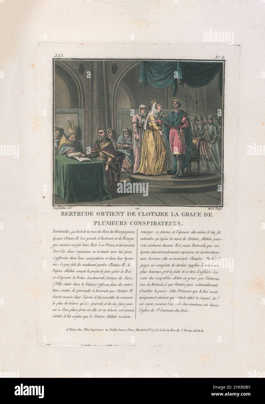 Bertrude ottiene da Clotaire la grazia di diversi cospiratori. Incisione di 1792 Foto Stock