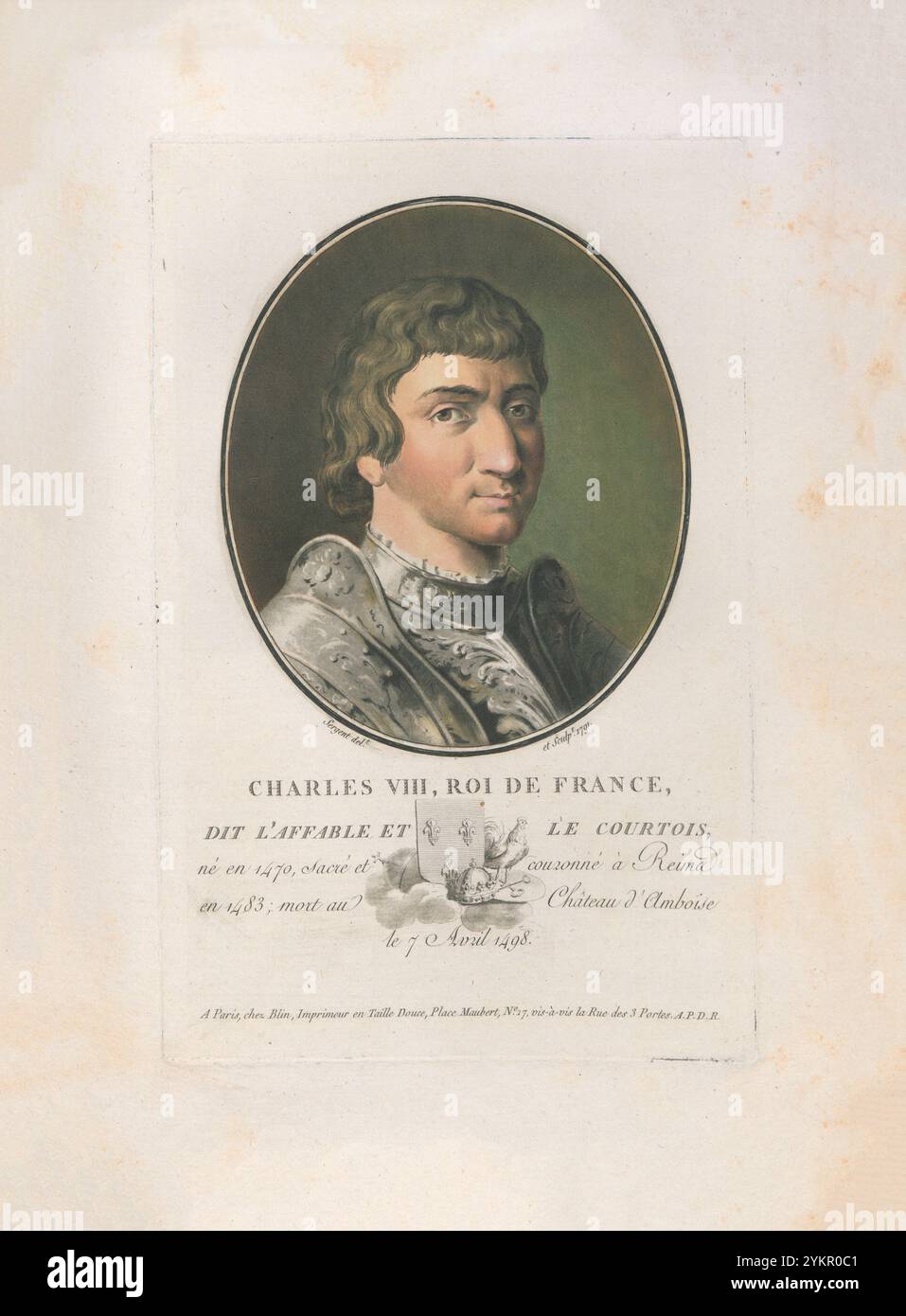 Carlo VIII di Francia. Incisione del 1792 Carlo VIII, chiamato l'affabile (1470–1498), fu re di Francia dal 1483 alla sua morte nel 1498. Succedette a suo padre Luigi XI all'età di 13 anni. Sua sorella maggiore Anna agì come reggente insieme a suo marito Pietro II, duca di Borbone fino al 1491, quando il giovane re compì 21 anni. Durante la reggenza di Anna, i grandi signori si ribellarono contro gli sforzi di centralizzazione reale in un conflitto noto come Guerra folle (1485-1488), che portò alla vittoria del governo reale. Foto Stock