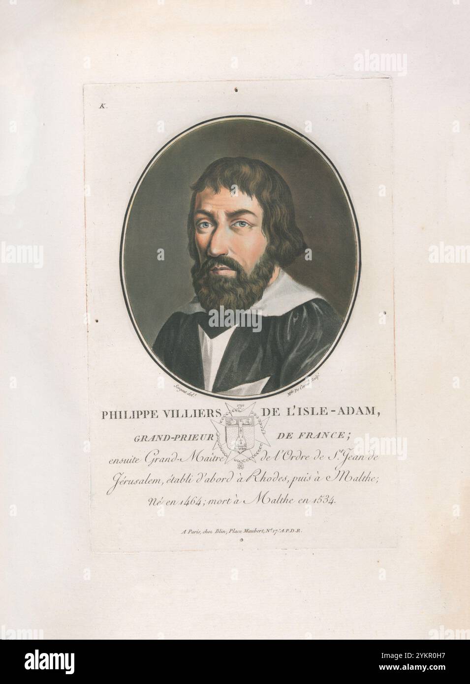 Philippe Villiers de l'Isle-Adam. Incisione del 1792 FRa' Philippe de Villiers de l'Isle-Adam (1464–1534) fu un membro di spicco dei Cavalieri Ospitalieri a Rodi e poi a Malta. Salito alla posizione di priore della Langue d'Alvergne, fu eletto 44° Gran Maestro dell'ordine nel 1521. Foto Stock