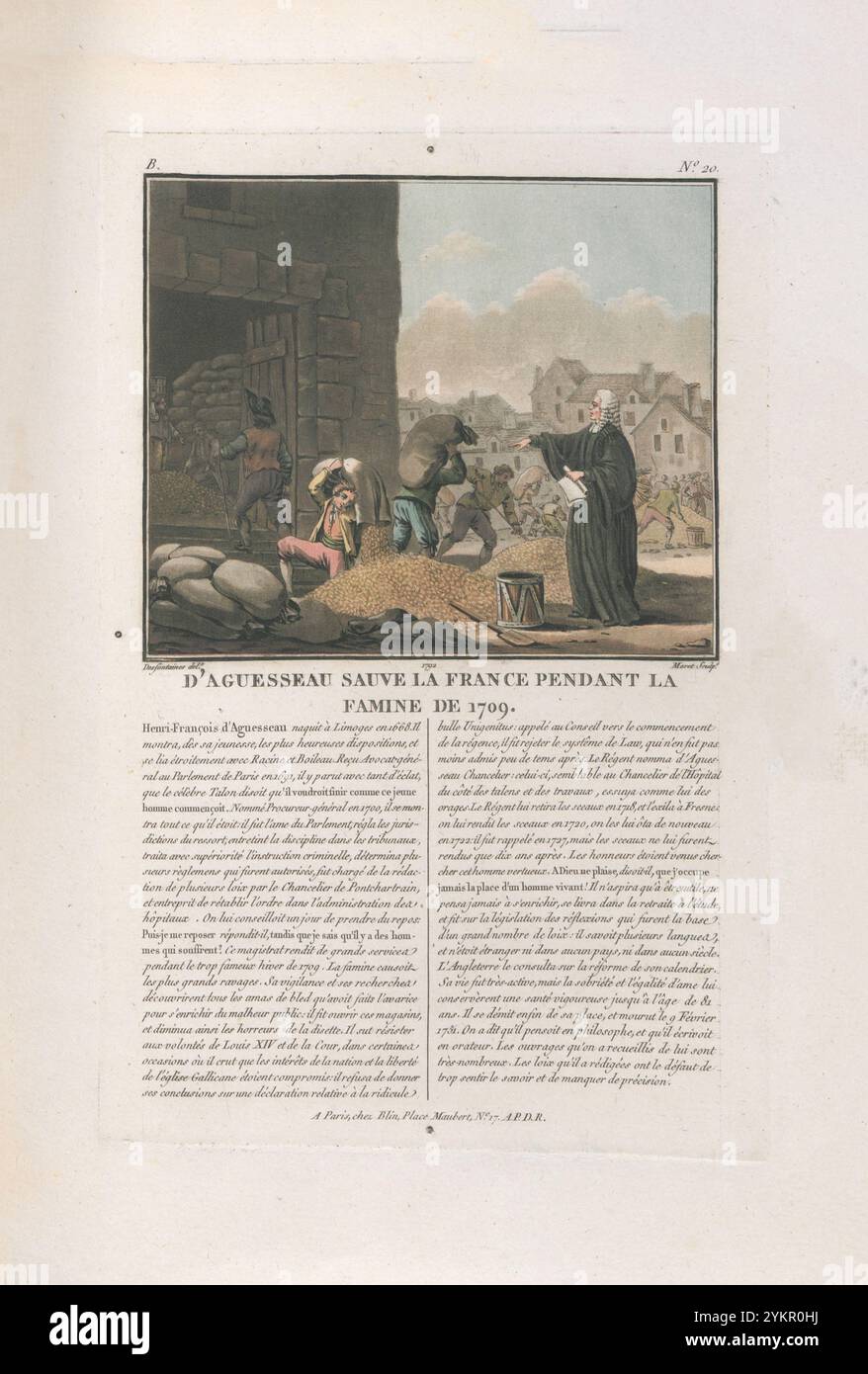 Henri Francois D'Aguesseau davanti ad un granaio durante la carestia del 1709. Incisione di 1792 Foto Stock