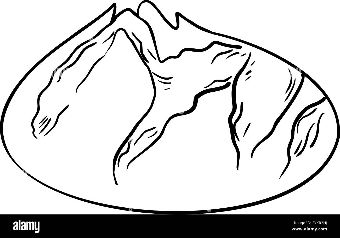 Illustrazione vettoriale rustica in bianco e nero con pane rotondo isolato. Pasta madre boule di segale disegnata a mano da uno schizzo monocromatico a inchiostro. Pane di Pumpernickel Illustrazione Vettoriale