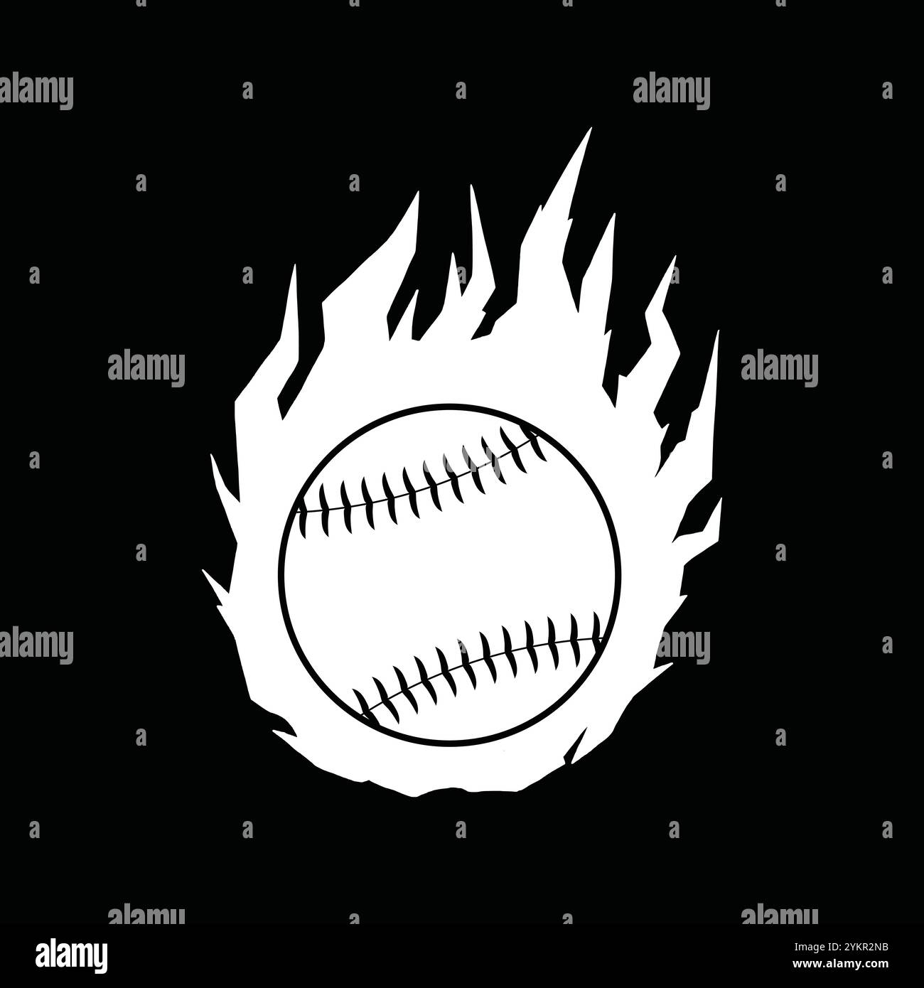 Palla da baseball con illustrazione vettoriale a forma di fuoco e fiamma. Palla da baseball fiammeggiante con logo e emblema semplice. Illustrazione Vettoriale