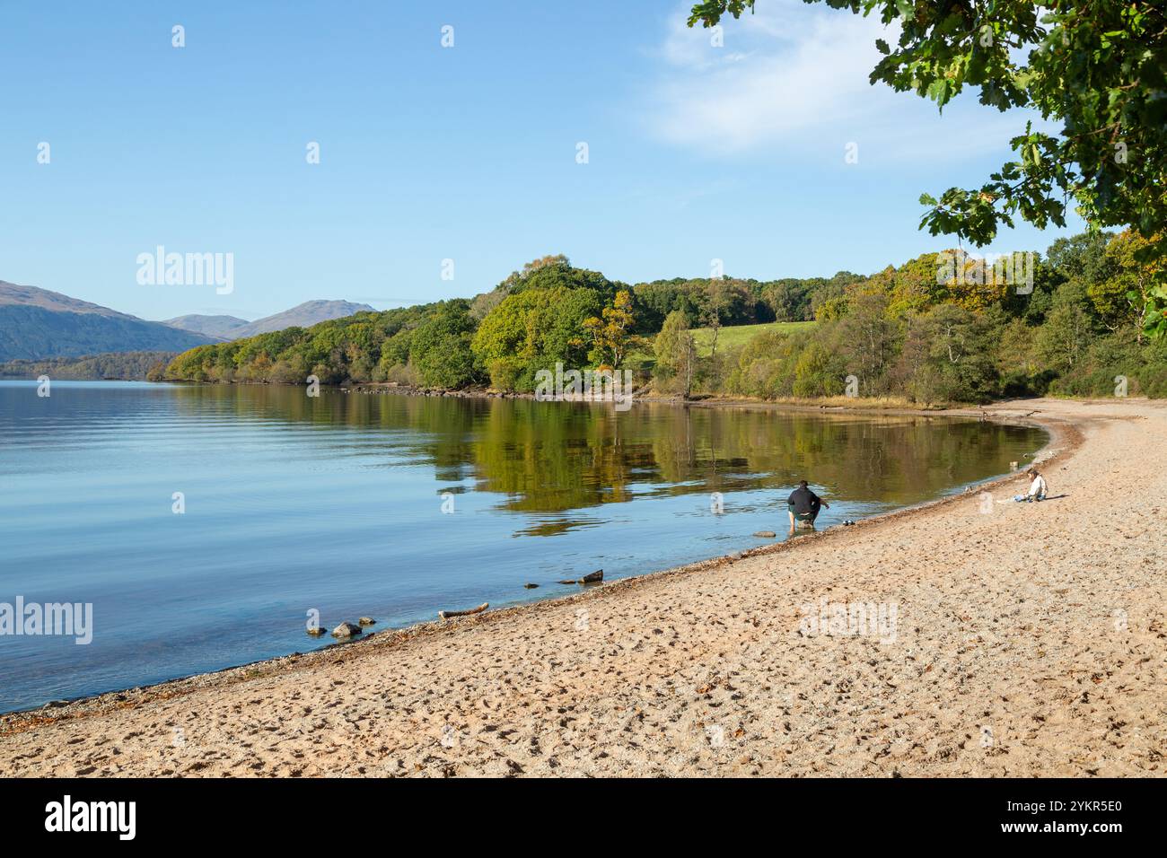 Una spiaggia sul lago Lomond vicino a Balmaha, Stirling, Scozia Foto Stock