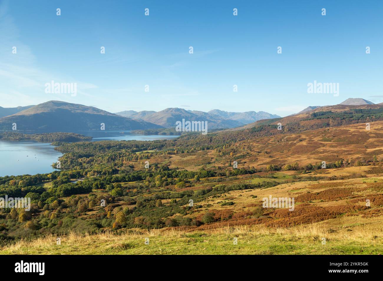 Guardando a nord ovest da Conic Hill verso Loch Lomond e Rowardennan Forest Foto Stock