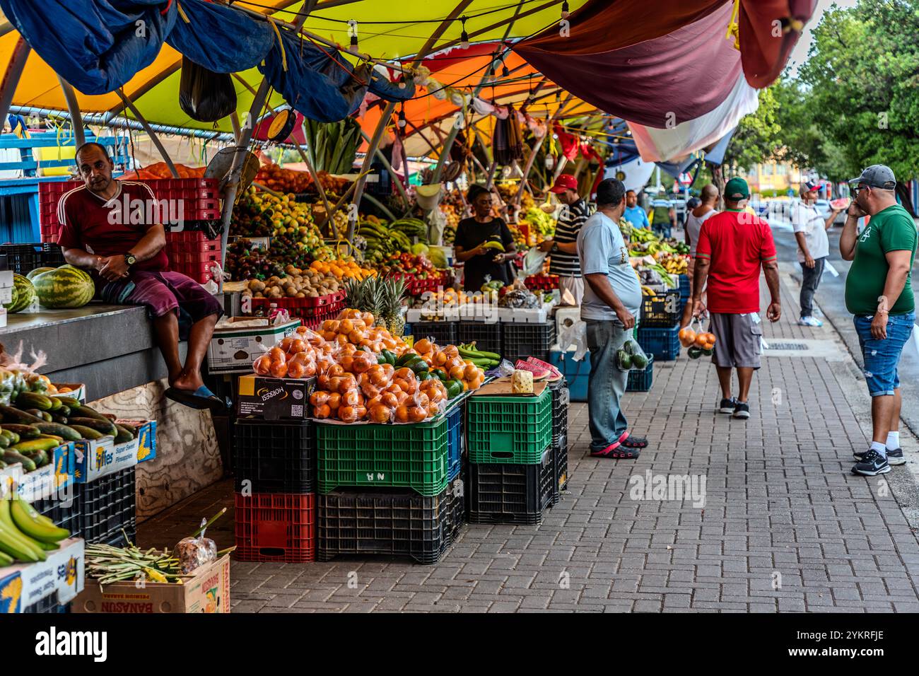 Un venditore è seduto accanto a meloni impilati al suo banco al Mercato Fluttuante di Willemstad, Curaçao, mentre i clienti passeggiano tra le casse piene di arance. Colorati tendoni proteggono i banchi dal sole caraibico. I commercianti del Venezuela portano le loro derrate con la barca, un attraversamento di circa 70 chilometri. Foto Stock