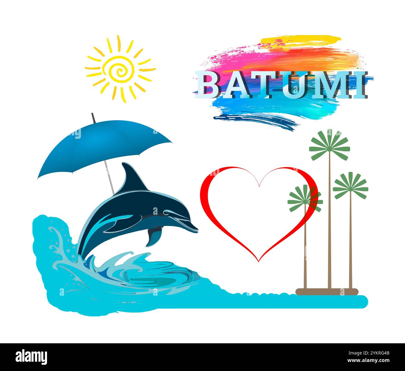 Cartolina con un delfino sotto un ombrello con l'iscrizione Batumi Foto Stock