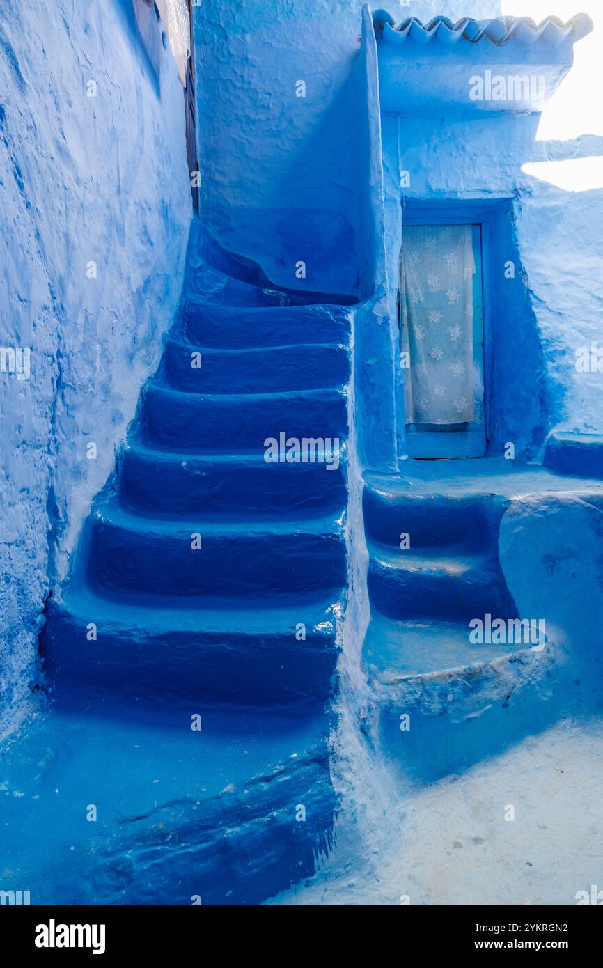 Scala blu di Chefchaouen, Perla Blu, Marocco, Nord Africa Foto Stock