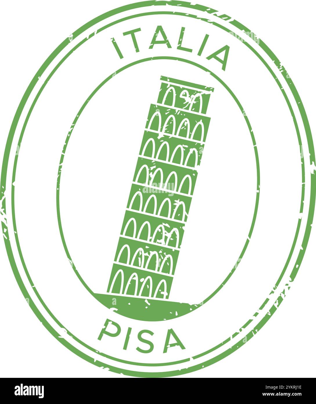 Timbro verde rotondo che simula un effetto consumato con la torre pendente di pisa e le parole italia e pisa scritte all'interno, isolate su un bianco Illustrazione Vettoriale