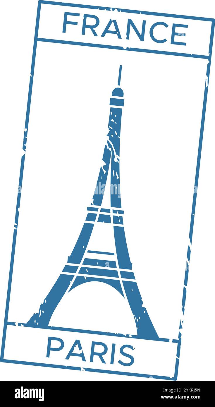 Francobollo a inchiostro blu con la Torre eiffel che segna l'arrivo a parigi, in francia, simboleggia il turismo, i viaggi e la cultura francese Illustrazione Vettoriale Francobollo a inchiostro blu con la Torre eiffel che segna l'arrivo a parigi, in francia, simboleggia il turismo, i viaggi e la cultura francese Illustrazione Vettoriale