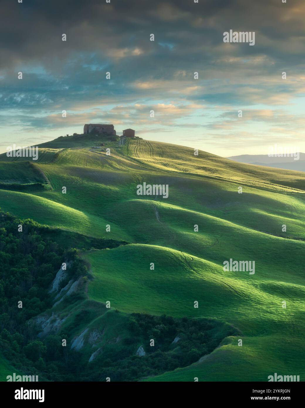 Rovina sulle dolci colline delle Crete Senesi al tramonto. Paesaggio primaverile a Monte Sante Marie, provincia di Siena, regione Toscana, Italia Foto Stock