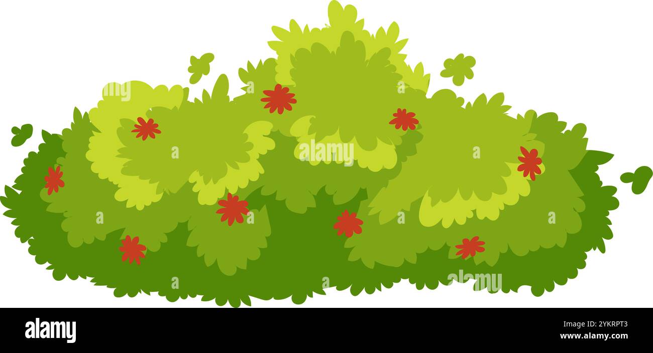 Lussureggiante macchia verde con vibranti fiori rossi aggiunge un tocco di bellezza ad un tranquillo giardino, creando un'atmosfera tranquilla e invitante Illustrazione Vettoriale