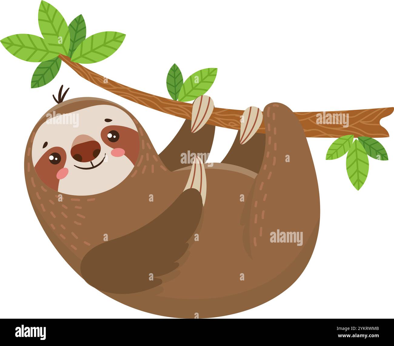 L'adorabile bradipo dei cartoni animati è appeso a testa in giù da un ramo di albero nella foresta pluviale, sorridendo felicemente tra foglie verdi e rami marroni. Perfetto per Illustrazione Vettoriale