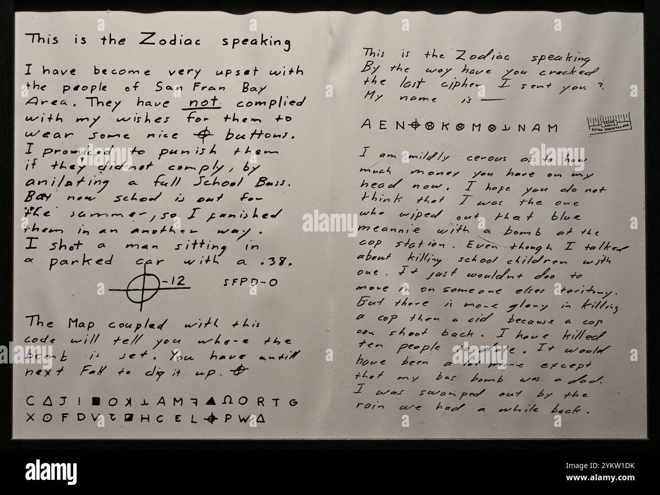 Lettera dello Zodiac Killer contenente indizi criptogrammi sulla sua vera identità Foto Stock