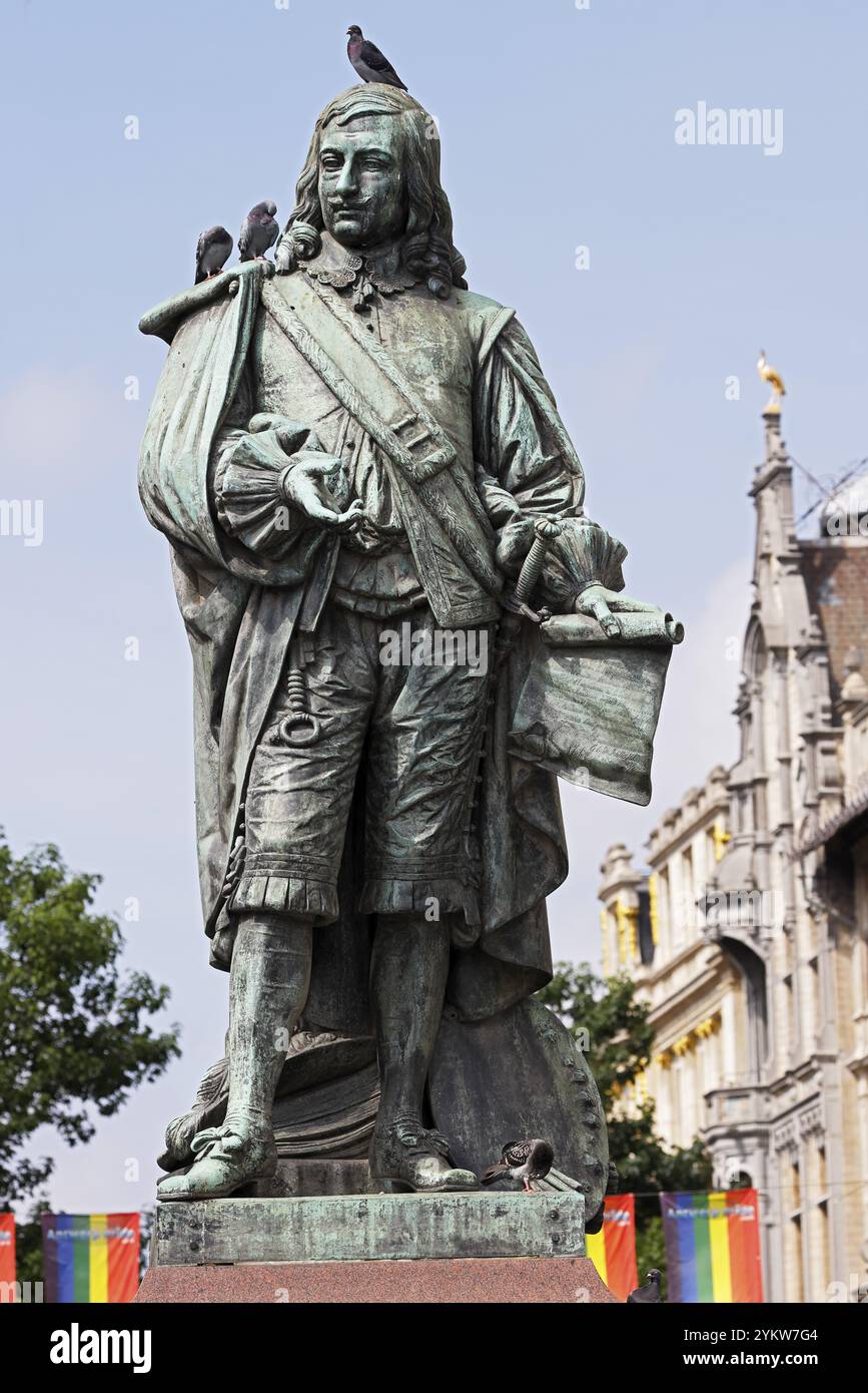 Statua di David Teniers il giovane, pittore fiammingo, Anversa, Fiandre, Belgio, Europa Foto Stock