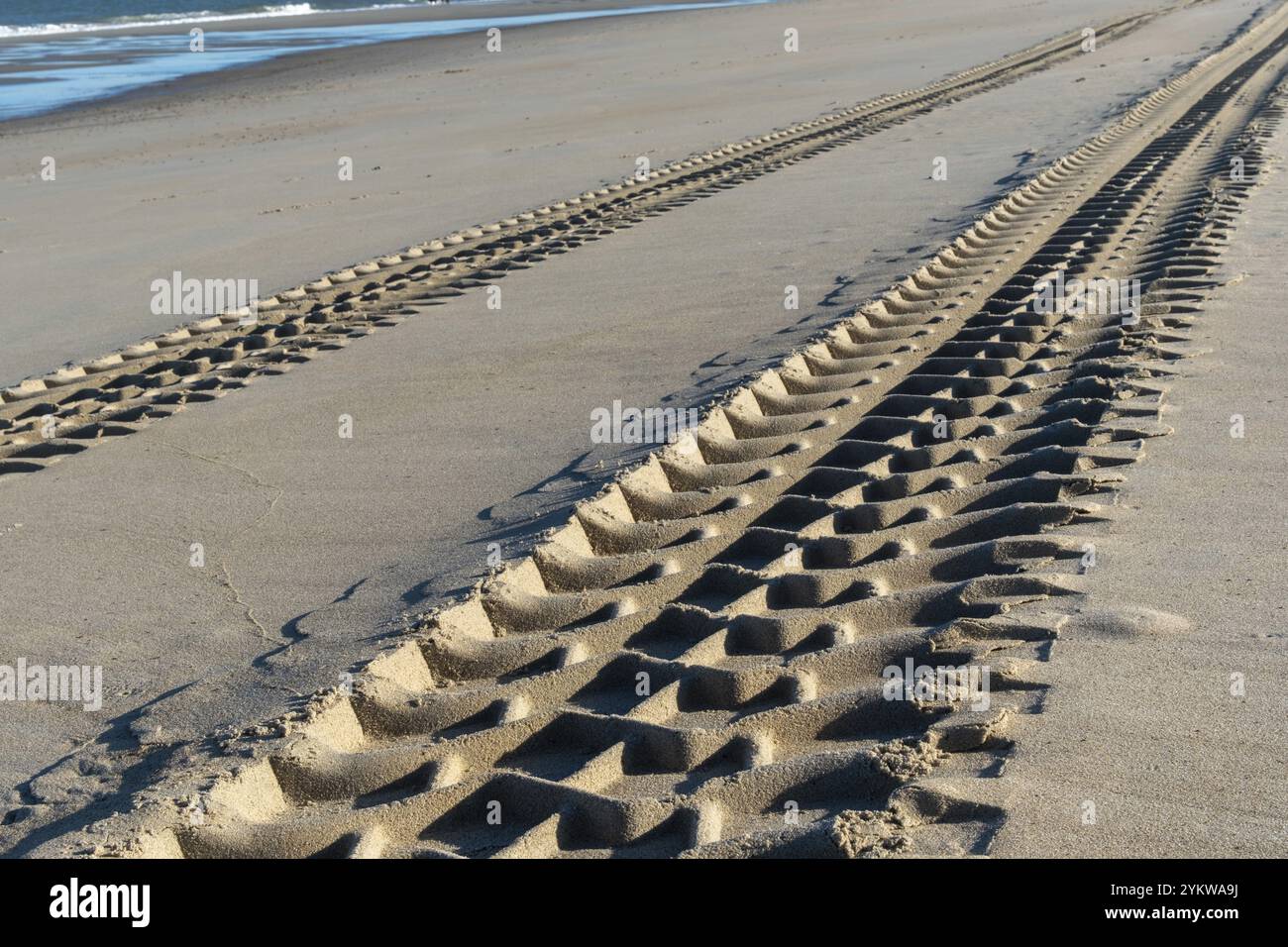 Tracce di pneumatici accidentati sulla spiaggia del mare settentrionale Foto Stock