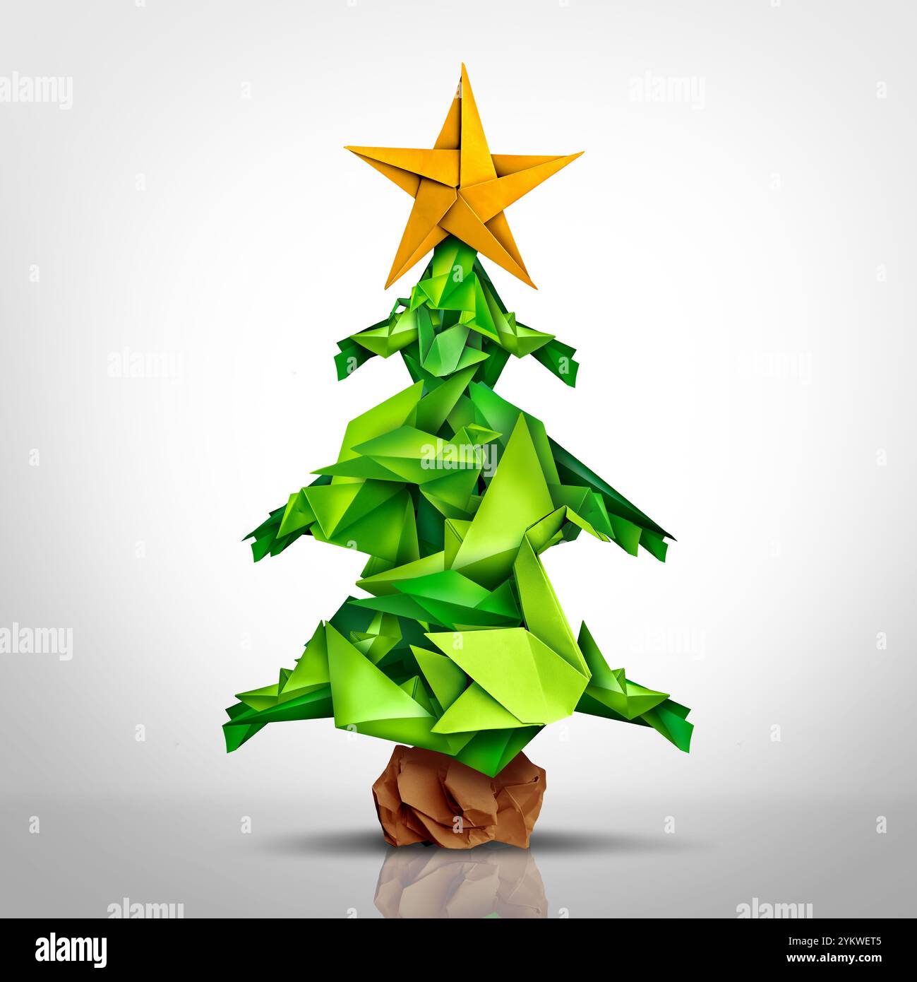 Creative Holiday Greeting come origami festeggiamenti natalizi come un concetto di pino invernale per l'arte e l'artigianato come un biglietto d'auguri con barca di carta Foto Stock