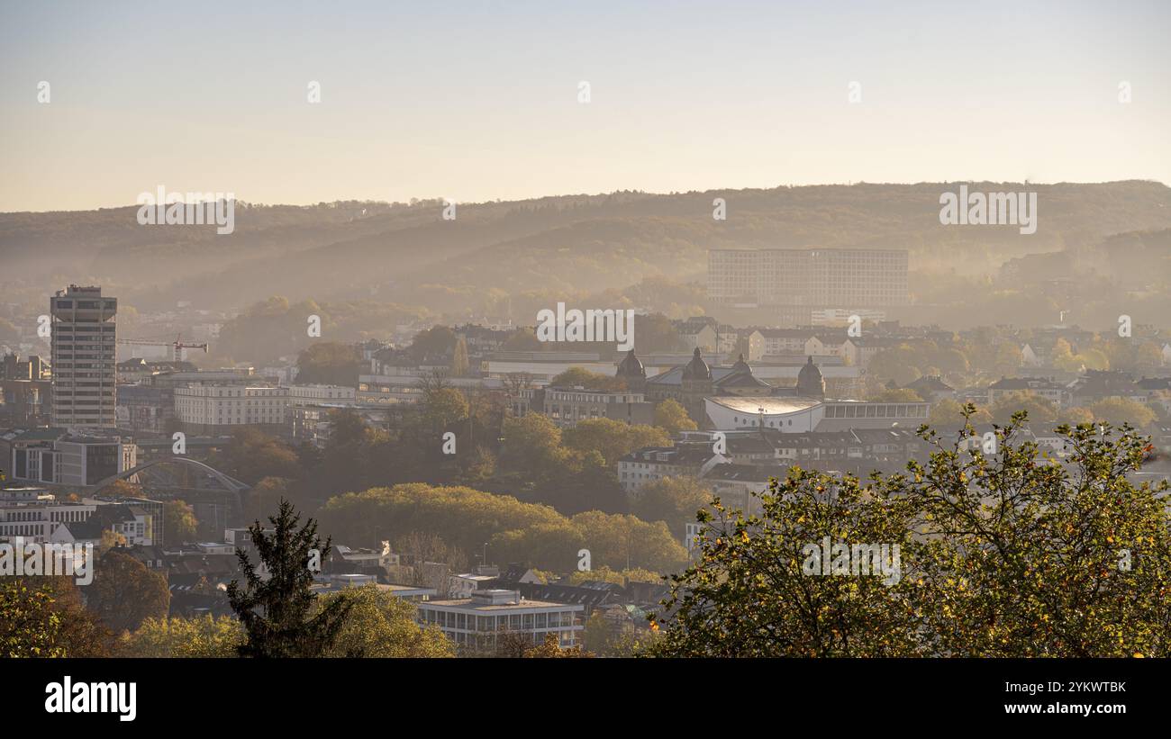 Ammira la città con la luce soffusa del mattino, con nebbia e alberi autunnali in primo piano, Schwimmoper, sala civica, Elberfeld, Wuppertal Foto Stock