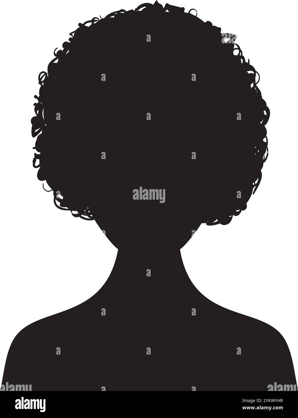 La silhouette nera di una persona caratterizzata da voluminosi capelli ricci crea una grafica sorprendente, enfatizzando l'anonimato e l'acconciatura Illustrazione Vettoriale