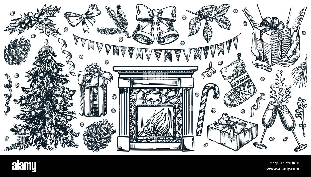 Set di elementi di design per Natale e Capodanno. Illustrazione vettoriale di uno schizzo vintage disegnato a mano di camino, albero di Natale, regali e decorazioni. Inverno h Illustrazione Vettoriale
