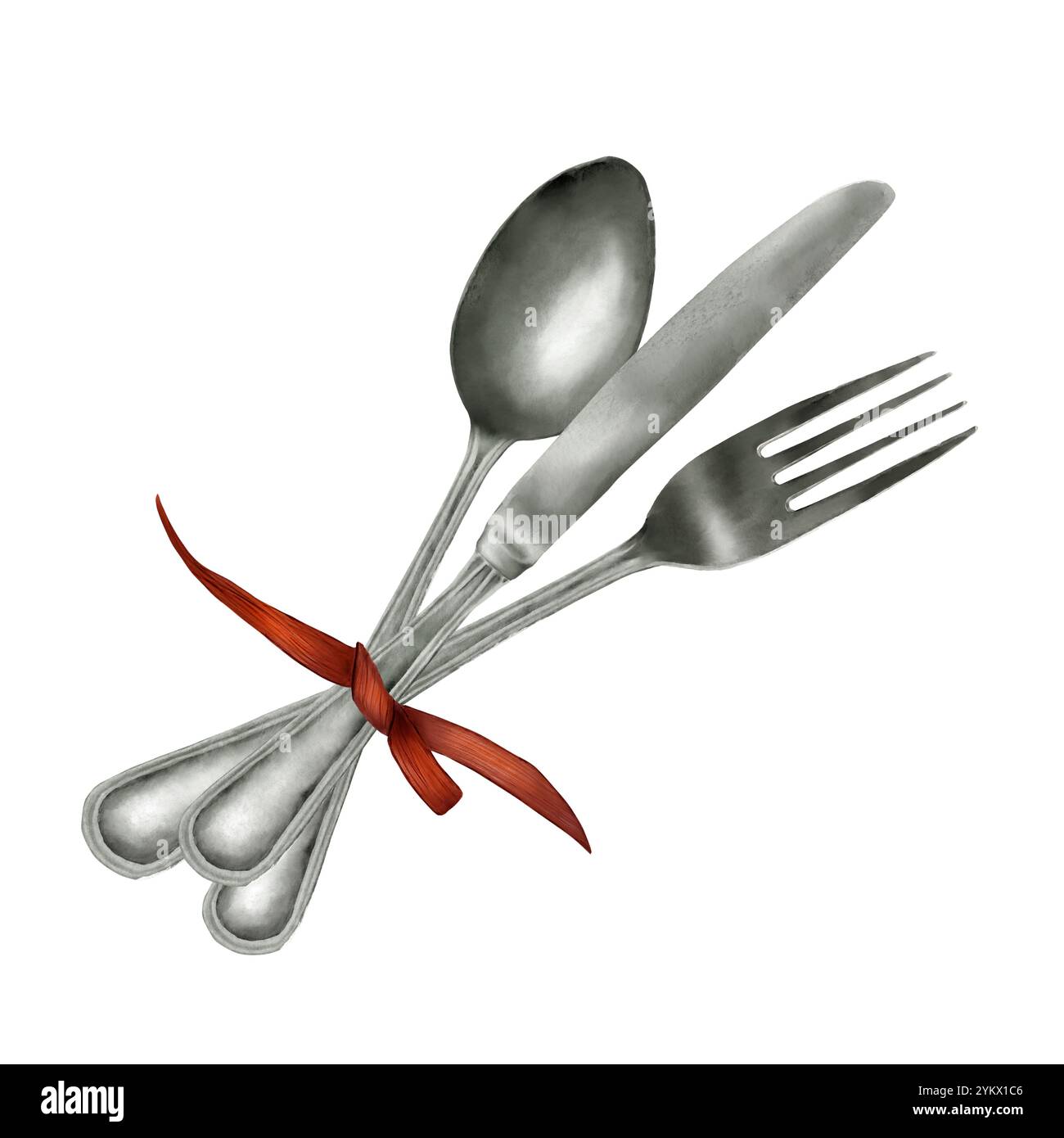 Coltello, cucchiaio e forchetta legati con nastro rosso satinato. Illustrazione digitale acquerello. Forchetta da dessert, coltello e cucchiaino, posate, isolate su fondo bianco Foto Stock