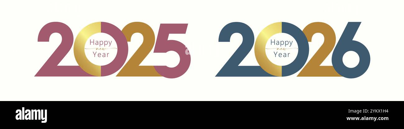 Collezione di simboli di Capodanno 2025 e 2026. Tipografia e colori moderni. Design creativo dei numeri. Icone business. Banner Internet. Serie di titoli Illustrazione Vettoriale