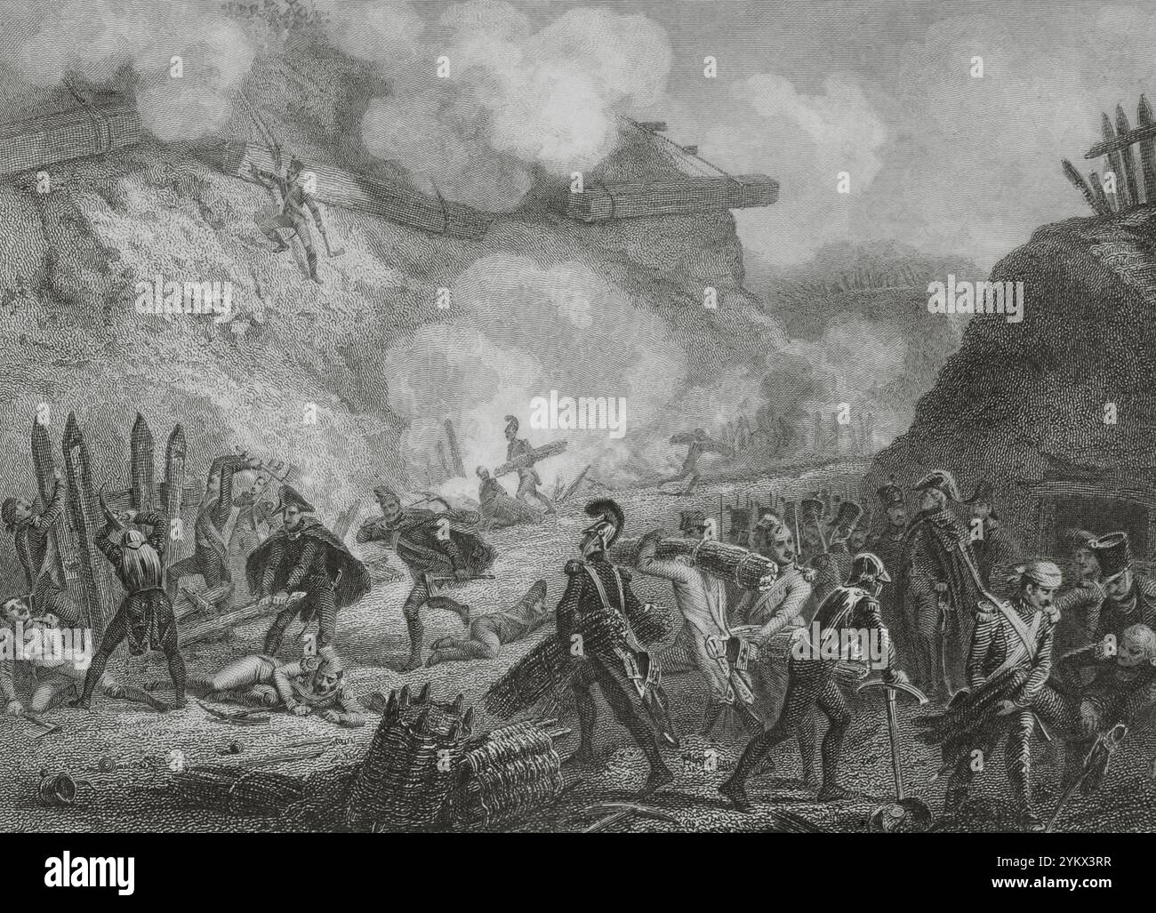 Guerre napoleoniche. Guerra della quarta coalizione. Assedio di Danzica (dal 19 marzo al 24 maggio 1807). L'esercito francese al comando del maresciallo Lefebvre circondò le truppe prussiane comandate dal maresciallo Kalckreuth, che stavano presidiando la città di Danzica. Funziona durante l'assedio. Disegno di Eugène Charpentier. Incisione di Beyer e John Outhwaite. Histoire du Consulat et de l'Empire (storia del Consolato e dell'Impero di Francia sotto Napoleone), di A. Thiers. Volume VII. Pubblicato a Parigi, 1847. Foto Stock