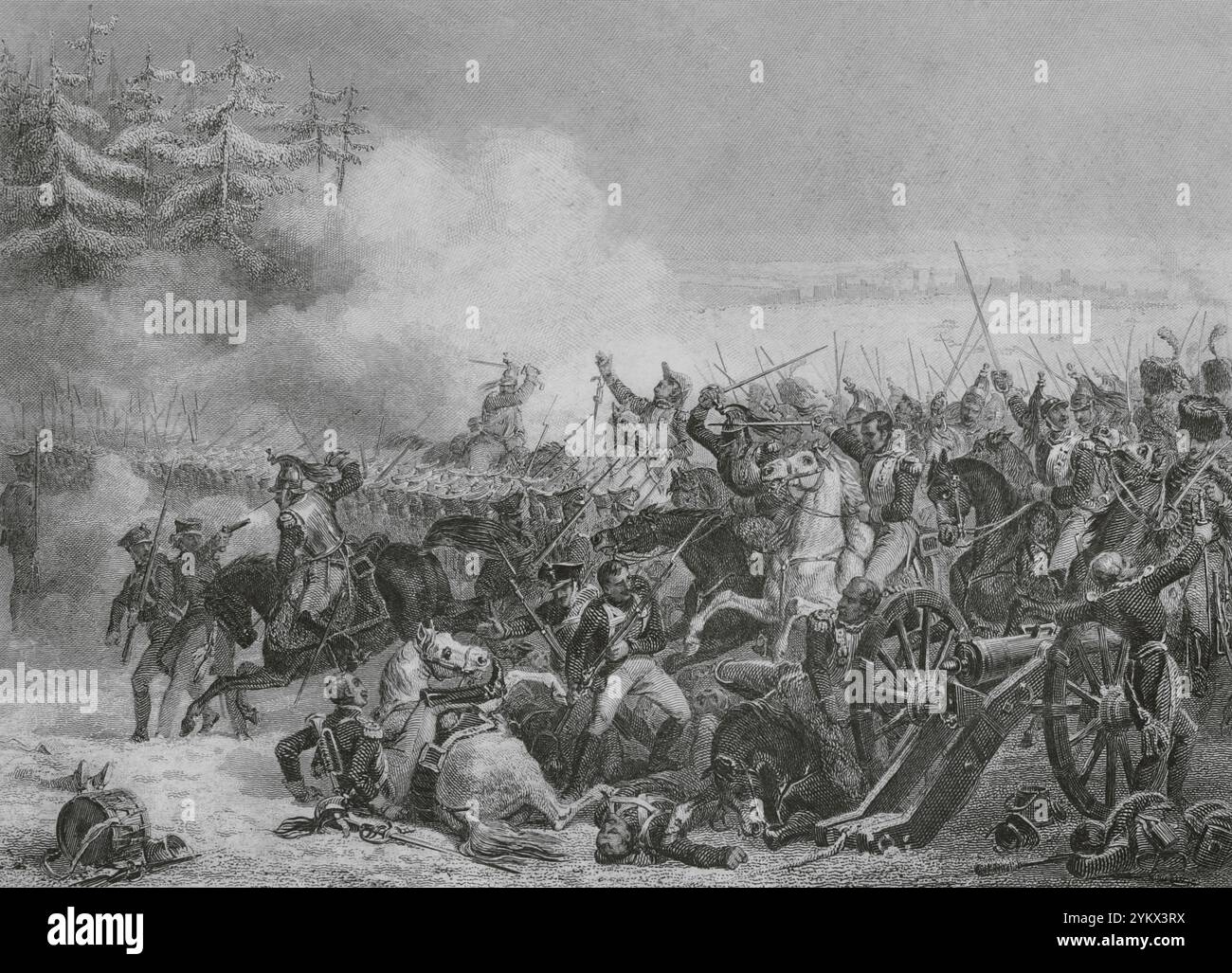 Guerre napoleoniche. Battaglia di Eylau (7-8 febbraio 1807). L'esercito francese si impegnò in pesanti combattimenti con l'esercito alleato russo e prussiano, che alla fine fu costretto a ritirarsi dal campo di battaglia. Carica dei corazzieri di Eylau. Disegno di Eugène Charpentier. Incisione di Beyer e John Outhwaite. Histoire du Consulat et de l'Empire (storia del Consolato e dell'Impero di Francia sotto Napoleone), di A. Thiers. Volume VII. Pubblicato a Parigi, 1847. Foto Stock