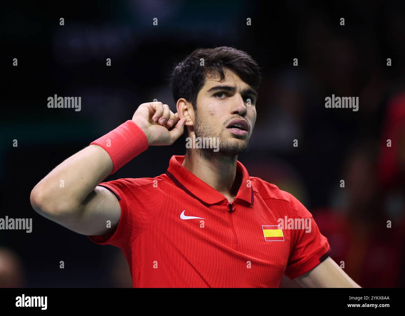 Malaga, Regno Unito. 19 novembre 2024. Carlos Alcaraz, in azione durante i quarti di finale di Coppa Davis 2024 contro Tallon Griekspoor, olandese, al Palacio de Deportes Jose Maria Martin Carpena Arena di Malaga. Crediti: Isabel Infantes/Alamy Live News Foto Stock