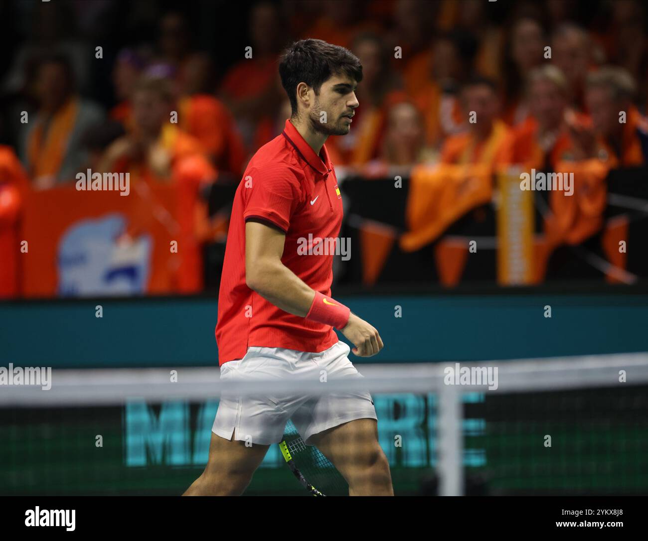 Malaga, Regno Unito. 19 novembre 2024. Carlos Alcaraz, in azione durante i quarti di finale di Coppa Davis 2024 contro Tallon Griekspoor, olandese, al Palacio de Deportes Jose Maria Martin Carpena Arena di Malaga. Crediti: Isabel Infantes/Alamy Live News Foto Stock