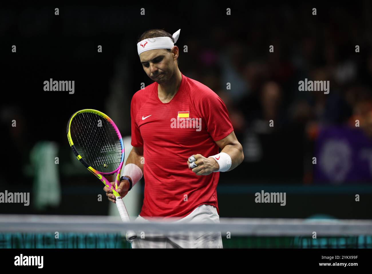 Malaga, Regno Unito. 19 novembre 2024. Rafael Nadal, di Spagna, reagisce ai quarti di finale di Coppa Davis 2024 contro Botic Van De Zandschulp, di Paesi Bassi, al Palacio de Deportes Jose Maria Martin Carpena Arena di Malaga. Crediti: Isabel Infantes/Alamy Live News Foto Stock