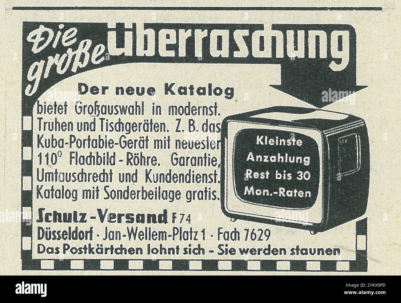 1961 Schulz-Versand Dusseldorf Catalogo dispositivi elettronici che mostra lo spot tv portatile Kuba Foto Stock