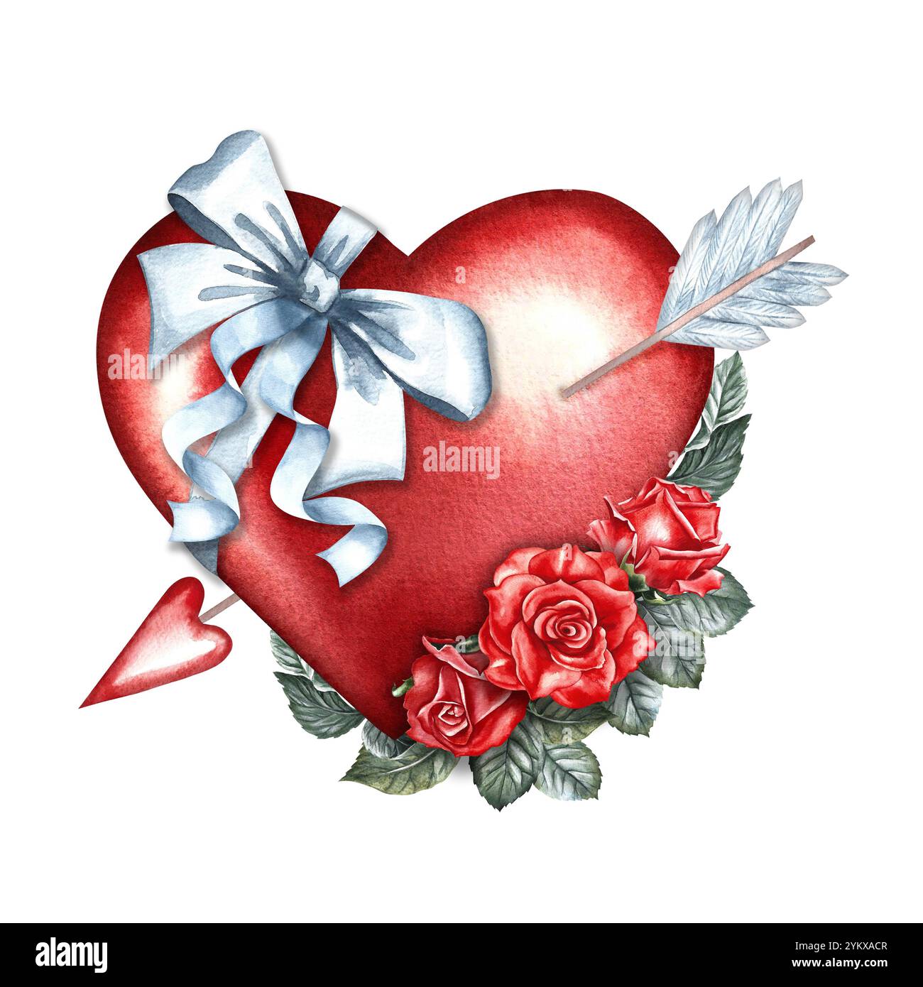 Un cuore rosso legato con un arco di nastro bianco e trafitto da una freccia di Cupido. Illustrazione ad acquerello disegnata a mano. Per San Valentino e le nozze. F Foto Stock