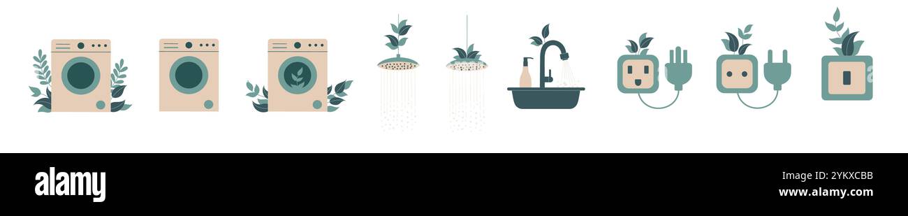 Illustrazione grafica piatta vettoriale con elettrodomestici e utility ecocompatibili. Illustrazione Vettoriale