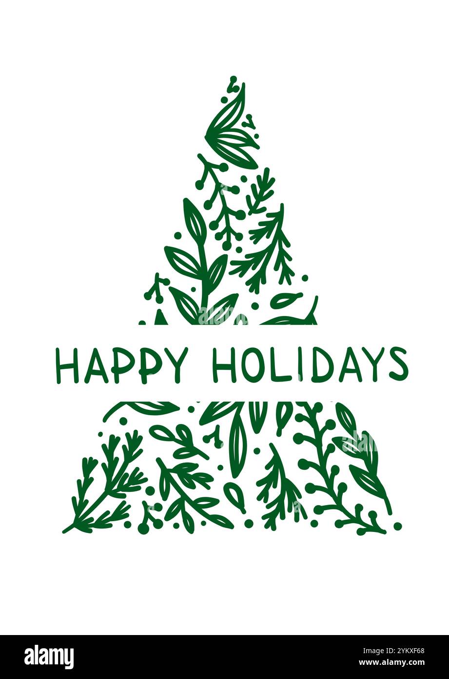 Albero botanico di Natale disegnato a mano con scritta Happy Holidays, perfetto per biglietti d'auguri e disegni natalizi, illustrazione vettoriale Illustrazione Vettoriale