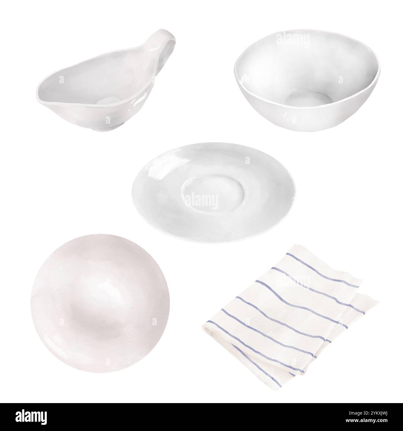 Piatto e ciotola in porcellana, salsa di vetro, barca e tazza. Illustrazione digitale acquerello. Set di posate e asciugamani piegati isolati su sfondo bianco. Per Foto Stock