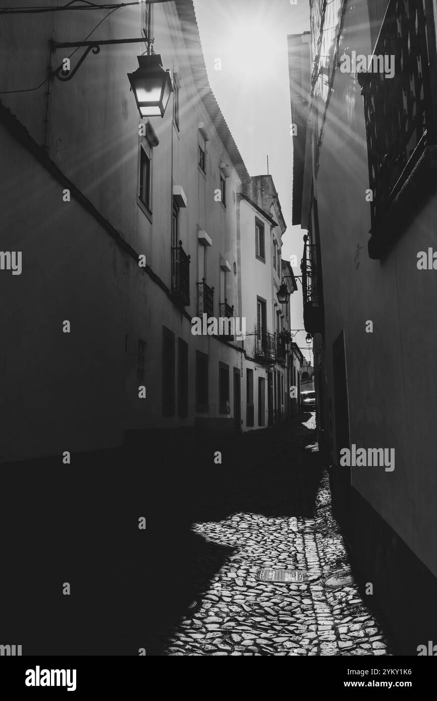 Le strette strade acciottolate e gli edifici sono stati costruiti vicino per respingere il caldo sole nelle storiche città portoghesi. Foto Stock