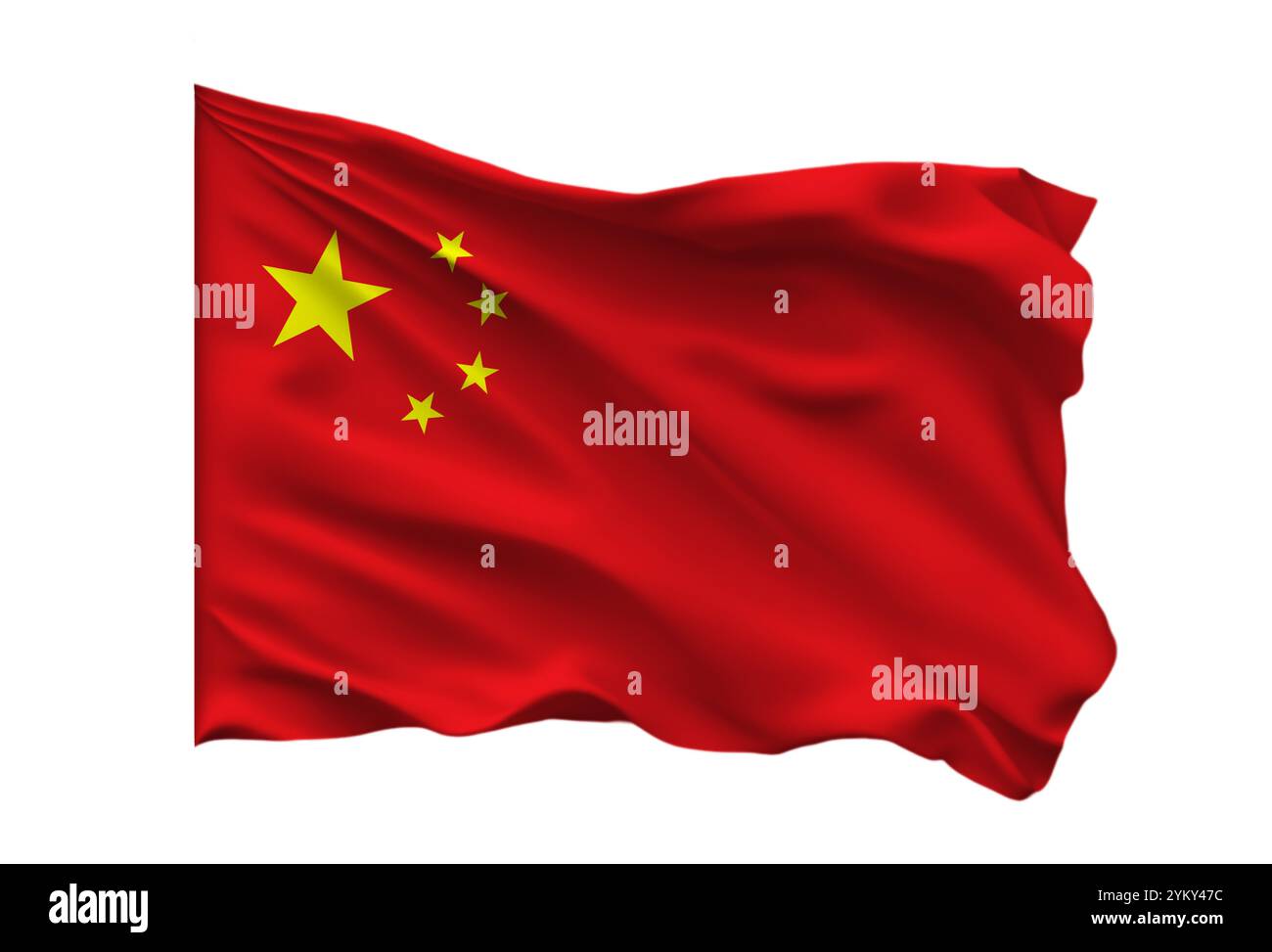 La bandiera nazionale della Cina fluttua su sfondo bianco isolato Foto Stock